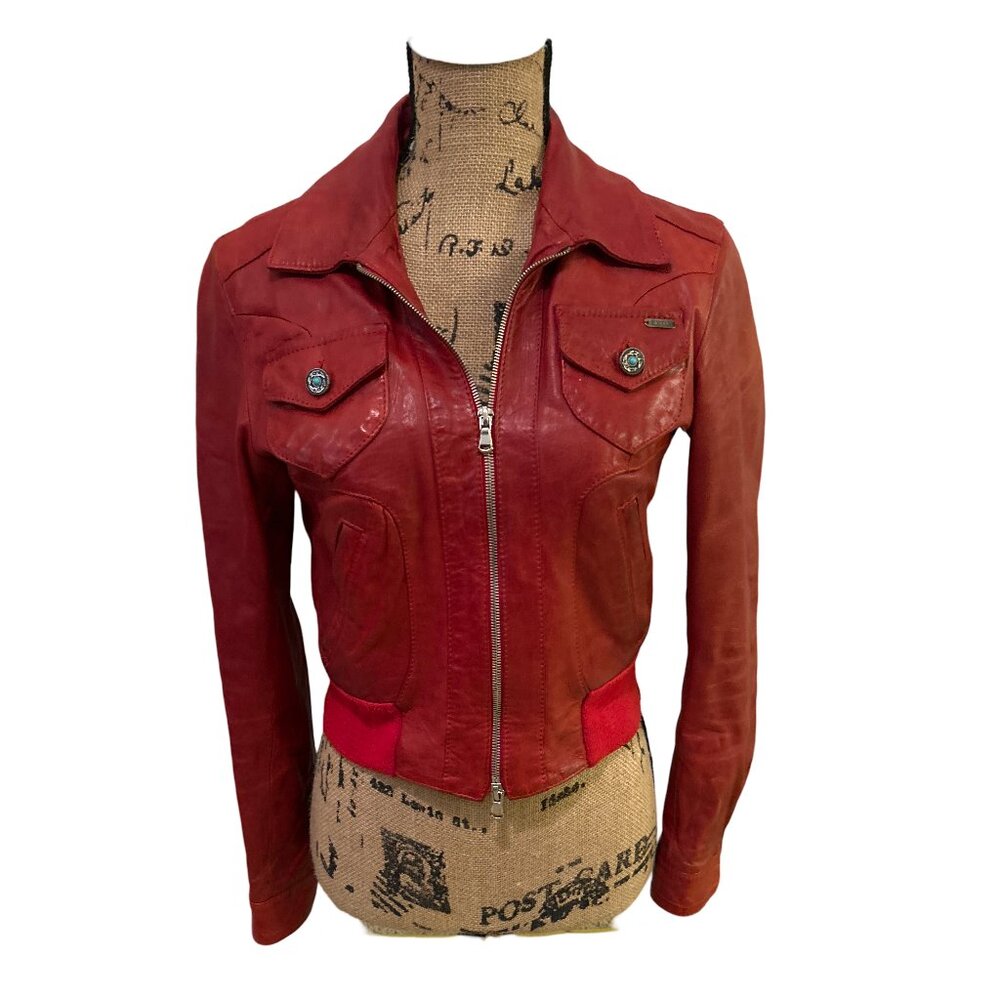 EXTO Made In Italy Red Leather Women' Bomber Jacket SZ Xsmall Vera Pelle Leather